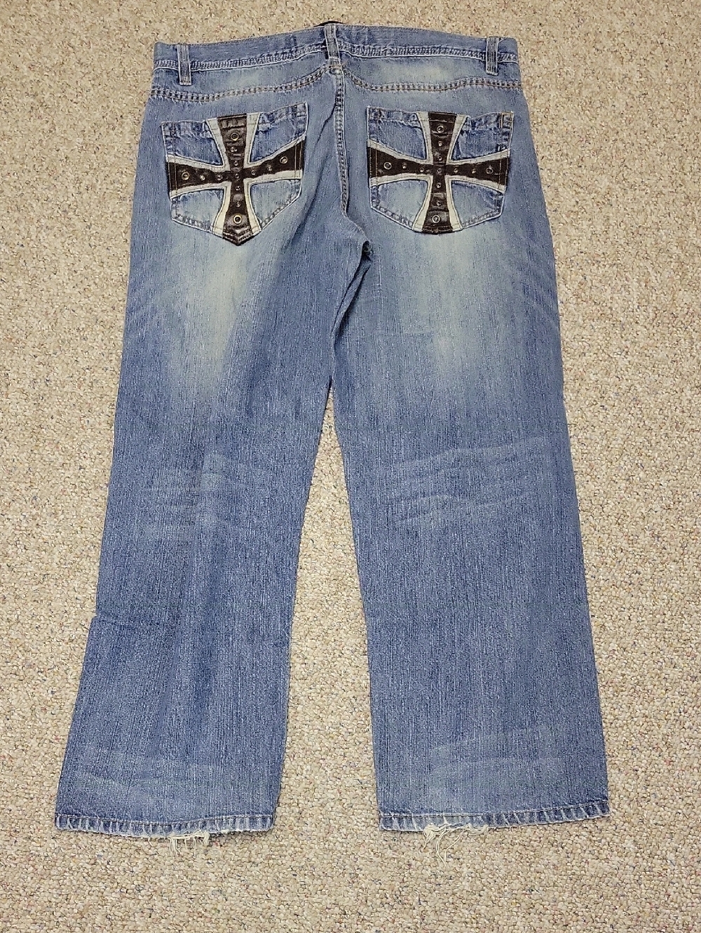 Avirex Light Blue Bootcut Jeans with Black Studded Cross Pockets 38 X 32 Y2K